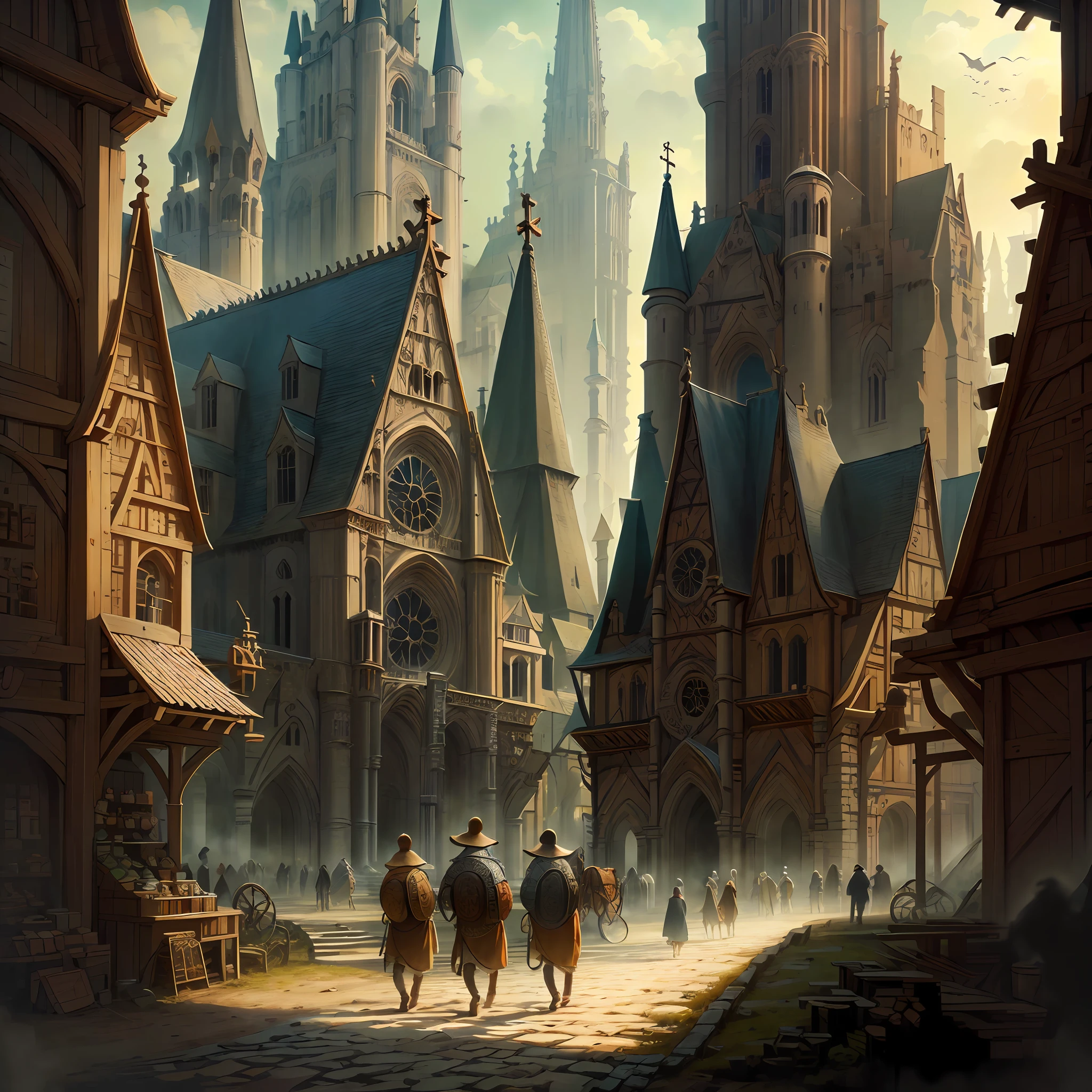 Bela ilustração de uma catedral medieval, povo medieval andando pelas ruas, detalhado, Intrincado.