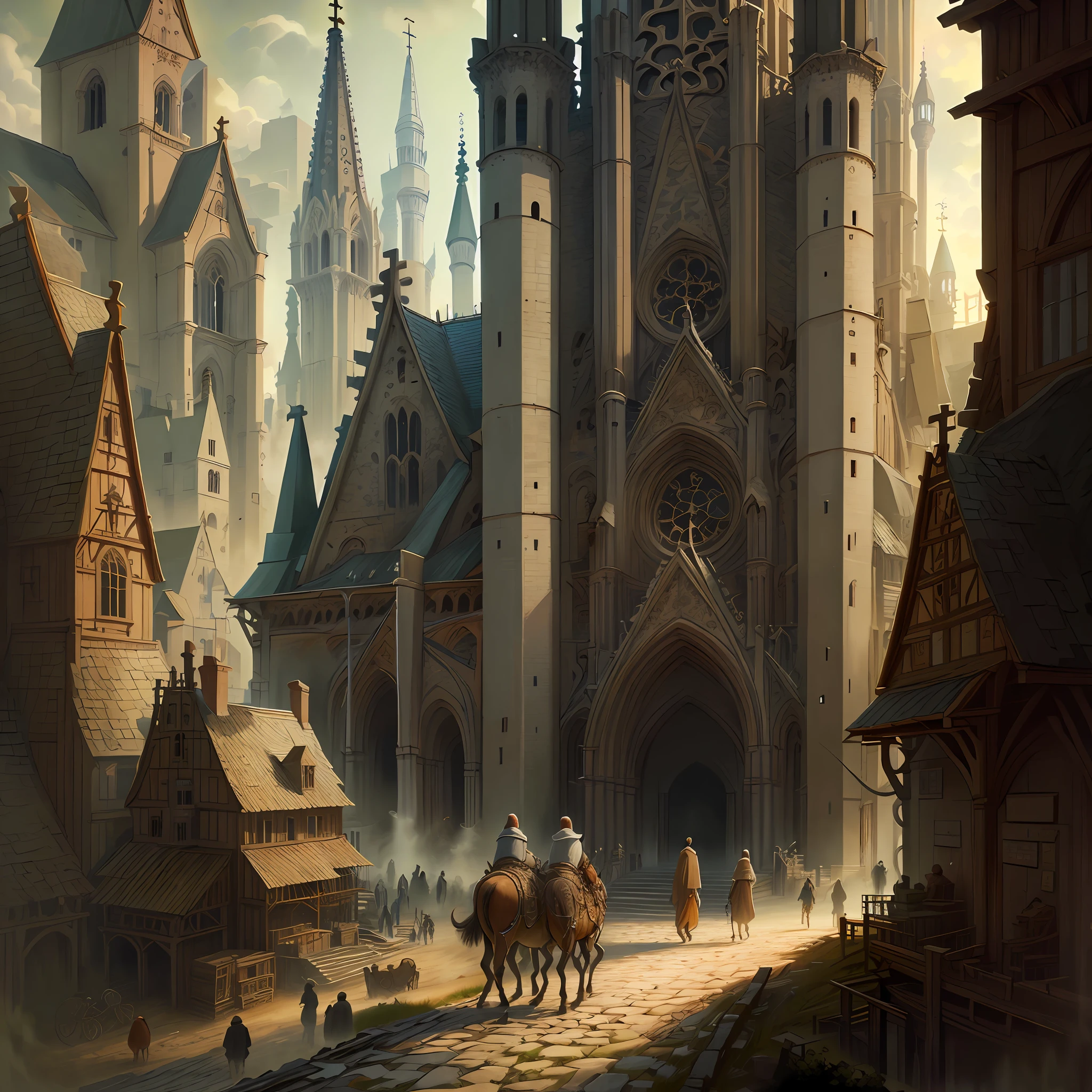 Bela ilustração de uma catedral medieval, povo medieval andando pelas ruas, detalhado, Intrincado.