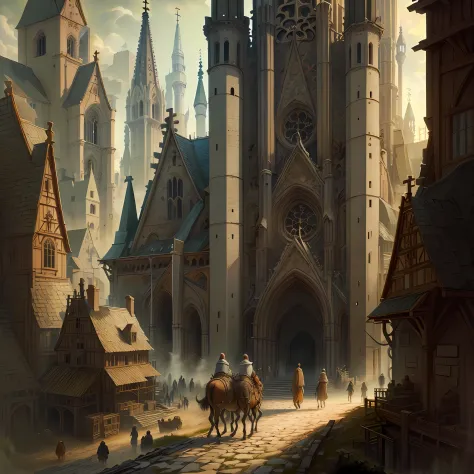 Beautiful illustration of a medieval cathedral, medieval folk walking the streets, detailed, intricate.