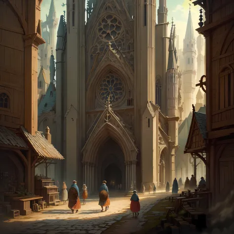 Beautiful illustration of a medieval cathedral, medieval folk walking the streets, detailed, intricate.