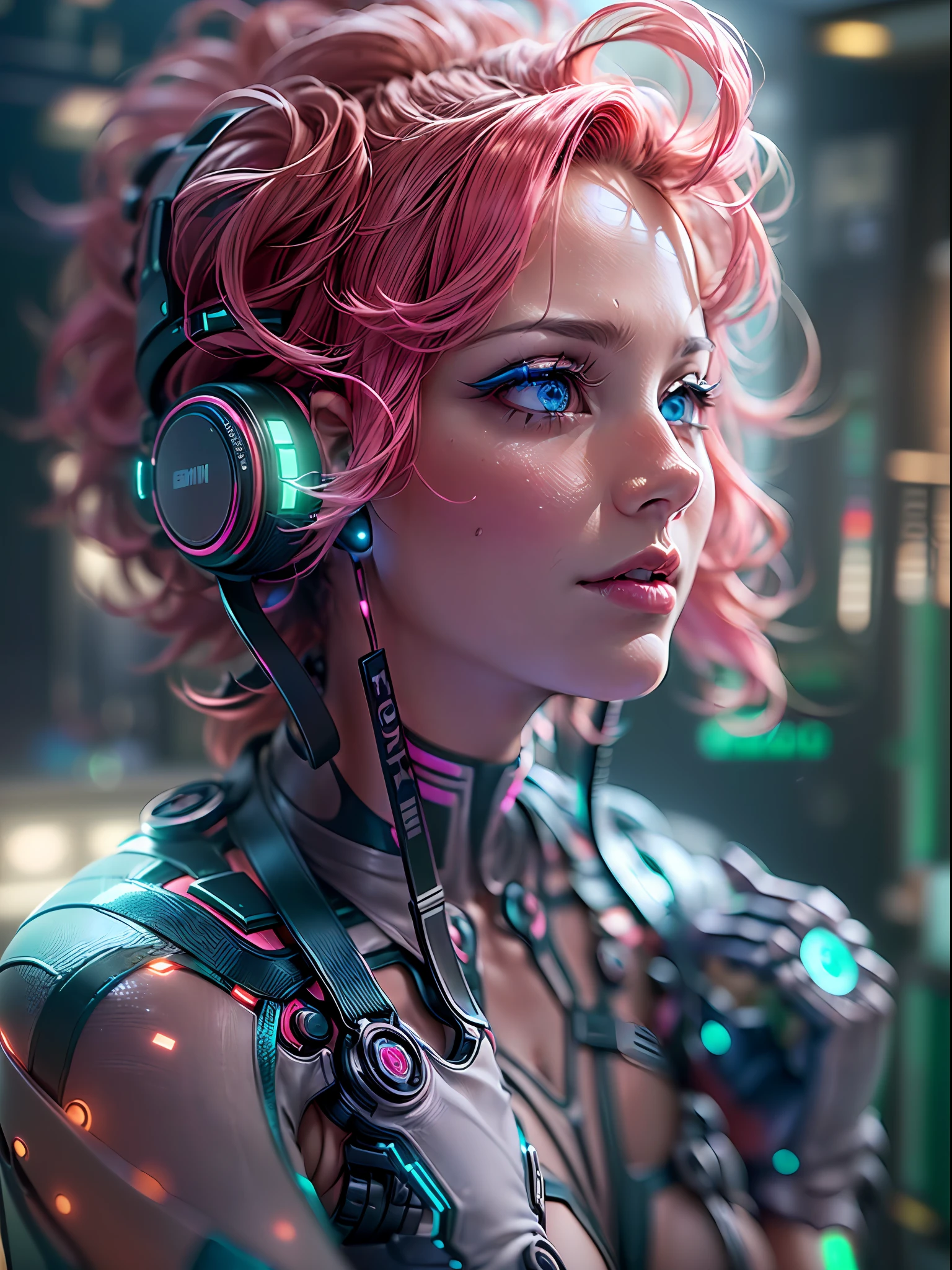 (chef-d&#39;œuvre, Haute résolution, cgi:1.4), (représentant une femme captivante aux cheveux roses éclatants et aux yeux fascinants qui scintillent dans un mélange captivant de vert et de bleu.:1.3), (ses yeux brillent d&#39;une lumière surnaturelle:1.2), (composants métalliques et robotiques intégrés dans tout son corps:1.2), (fusionnant harmonieusement avec sa forme organique:1.2), (des circuits délicats et des motifs complexes sous sa peau:1.2), (Membres robotiques améliorés avec un mouvement fluide:1.2), (ses doigts ornés de cybernétiques améliorant la précision:1.2), (Appareil photo sans miroir Canon EOS R5:1.2), (associé à un Canon RF 85mm f/1.Objectif USM 2L:1.2), (capturant les moindres détails de ses améliorations cybernétiques:1.2), (le cadre du laboratoire conçu avec une esthétique futuriste et minimaliste:1.2), (surfaces élégantes et polies reflétant la lueur des écrans holographiques:1.2), (des écrans de données holographiques flottants l&#39;entourent:1.2), (des néons subtils projetant une lueur éthérée à travers la pièce:1.1), (assistants IA avancés interagissant avec l’environnement:1.1), (a mesmerizing cgi render of a woman embracing the merging of human and machine in a captivating future:1.2).