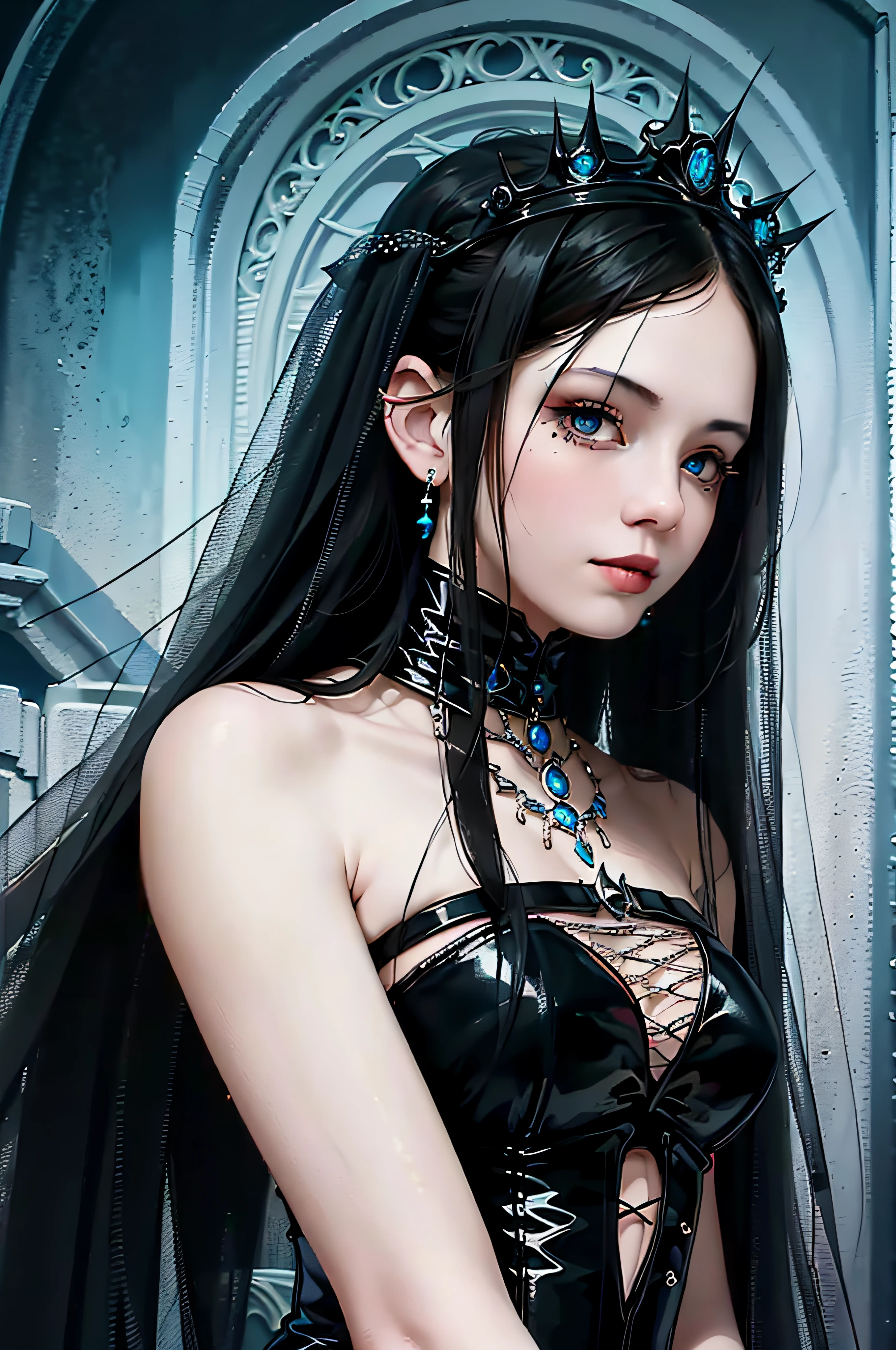 a close up of a woman wearing a crown and a black dress, dark fantasy style art, fantasy art style, a beautiful fantasy empress, epic fantasy art style hd, ((a beautiful fantasy empress)), epic fantasy art style, gothic princess portrait, gothic fantasy art, digital 2d fantasy art, beautiful and elegant