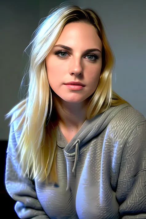 blonde woman, Young, common face, detailed alluring eyes, in a black sweatshirt, ((Detailed facial features)), (finely detailed ...