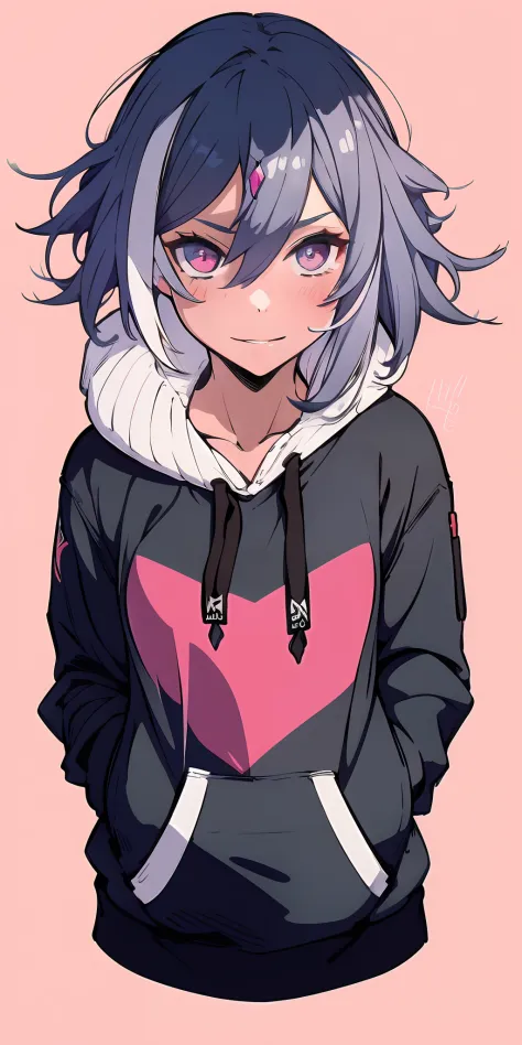 (1girl), female, Corpse, Hot Body, Comfortable hoodie, happy, (pink background) gray hair
