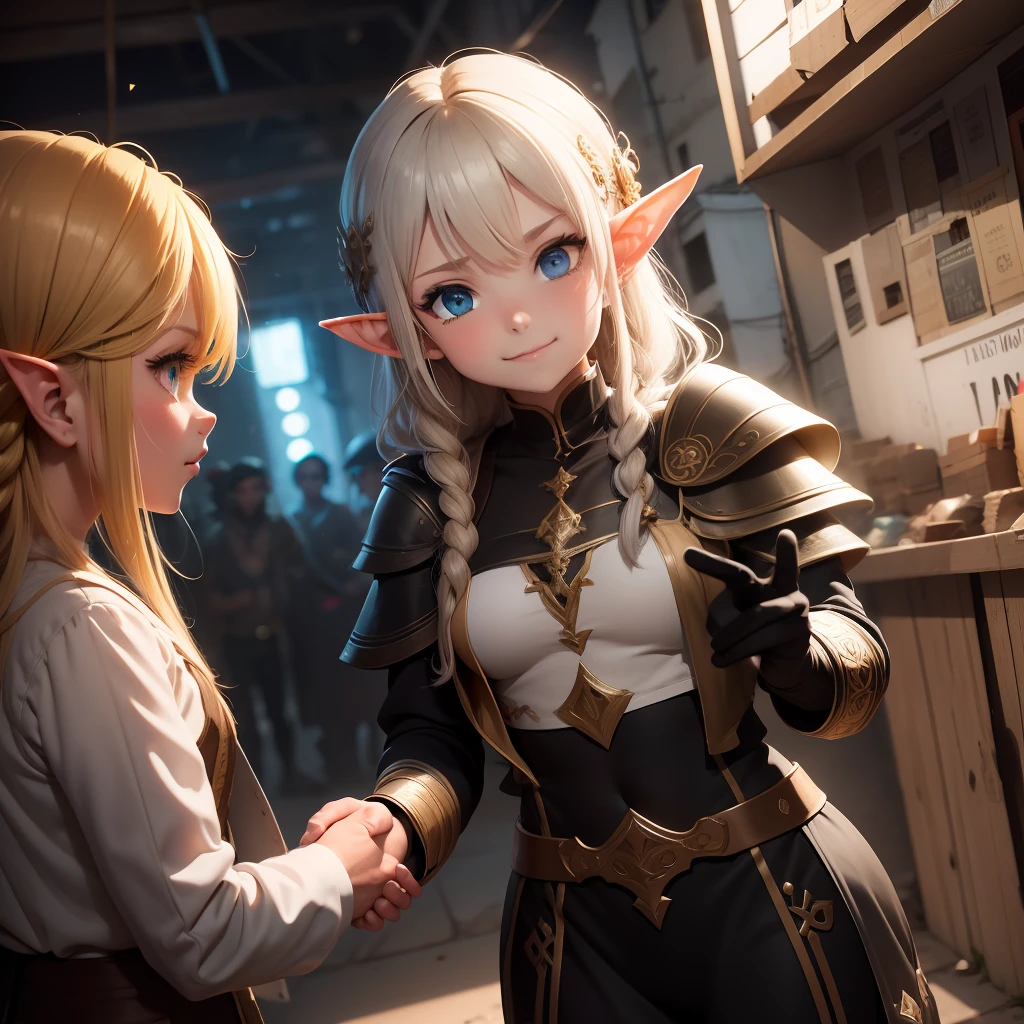 rudeus ,--1 Garota Elfa com roupas urbanas folgadas::4, na favela comprando tinta::1,dando Handshake no vendedor de tintas::3, anime::1, || --1 Paint salesman shaking the hand of elf girl::4 favela::1,Handshake::3,anime::1,