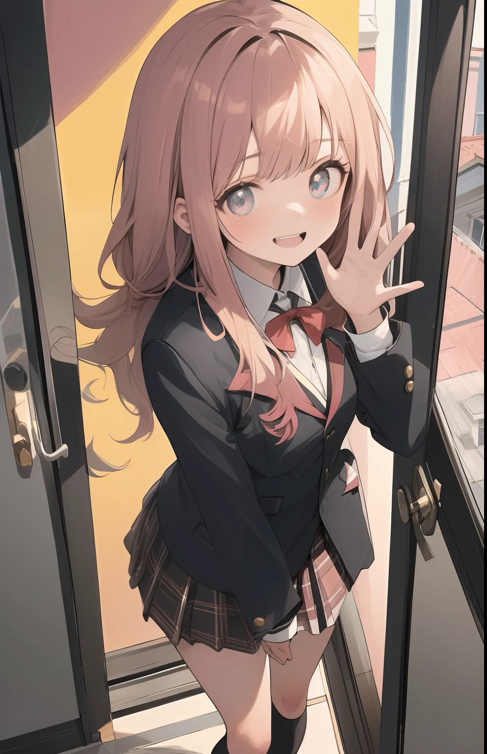,Highly detailed face, Well drawn hands, Well drawn legs,Well drawn feet,Well drawn eyes, 1girll,sobu high , Black blazer , White shirt, Red ribbon, Plaid skirts, Medium ass, One-handed straight，Held high，Waving in the air , at the doorstep of a school, pink door with a circular window, girl in between the door, Smiling, Open mouth, showing upper teeth, from front top view,