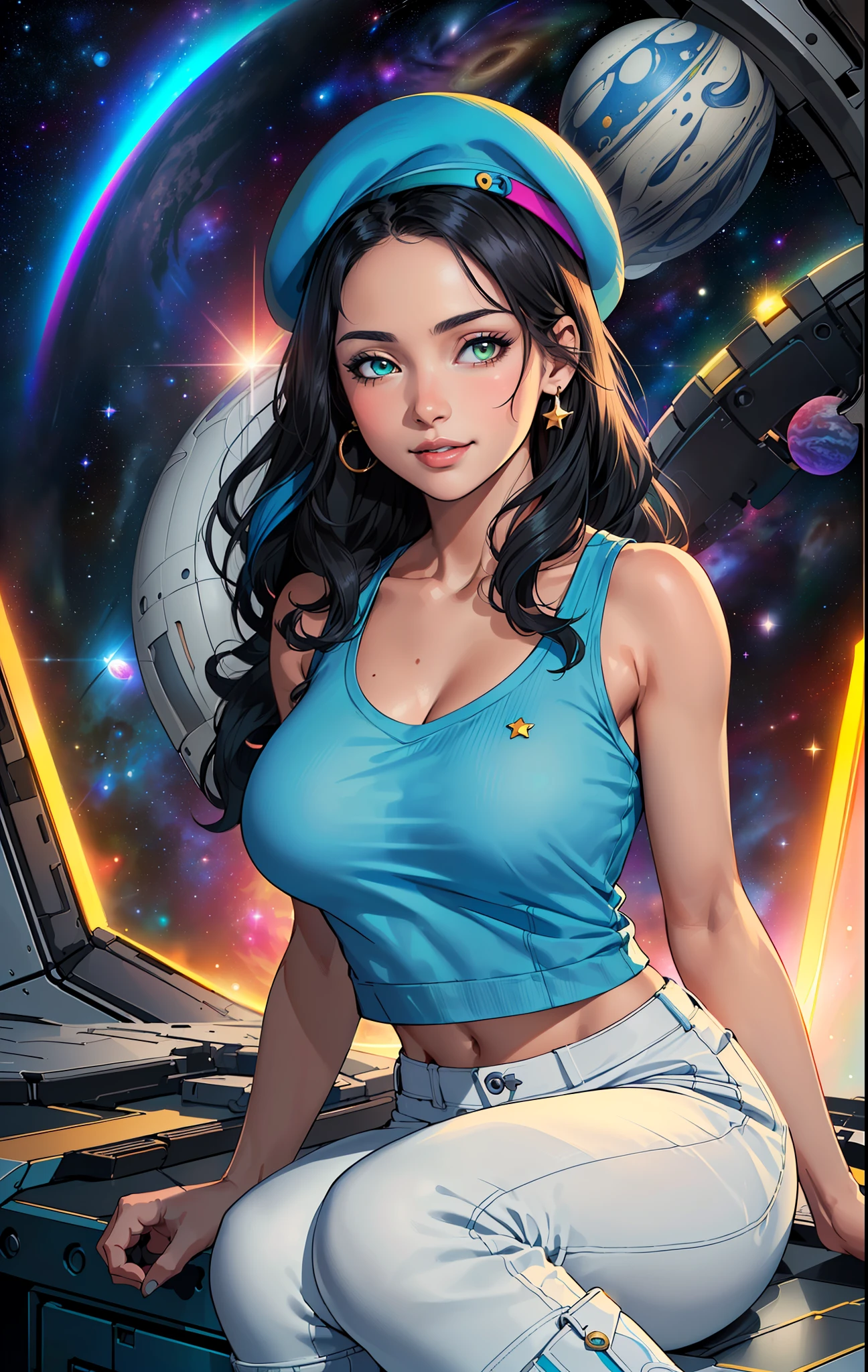 (((((1Young woman))), the anime, Green eyes, (black hair), Nice face, ssmile, the perfect body, Wavy Hair, hairlong, (((morena))), big breastes, ((tmasterpiece, beste-Qualit)), illustartion, ультра детализированная 8k, Photorealistic, sharp-focus, higly detailed, Professional lighting, colorful details, Rainbow colors, Glowing, intricate detials, Vivid details, (white tanktop), (Blue tunic), (white trousers), outer space, Planet, the stars, a space ship , ("Blue Beret"),  White boots