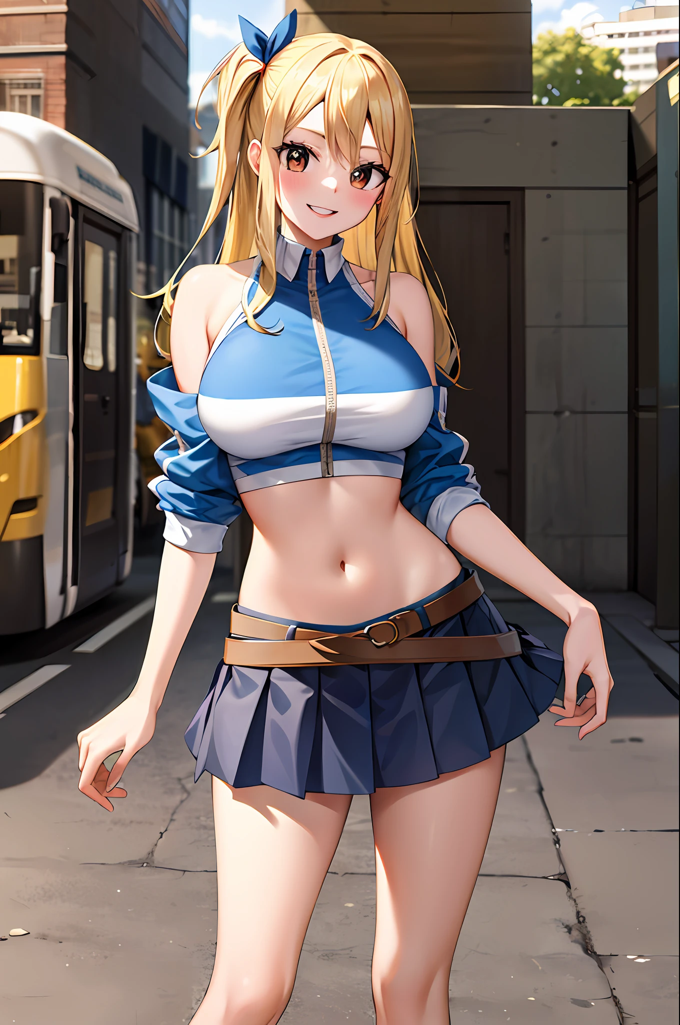 masterpiece, best quality, highres, lucy heartfilia, blonde hair, long hair, large breasts, jacket, crop top, bare shoulder, show stomach, belt, pleated skirt, cowboy shot, standing, looking at viewer, city road, outdoor, modern city road, blush, shy, smile, show teeth, stocking,