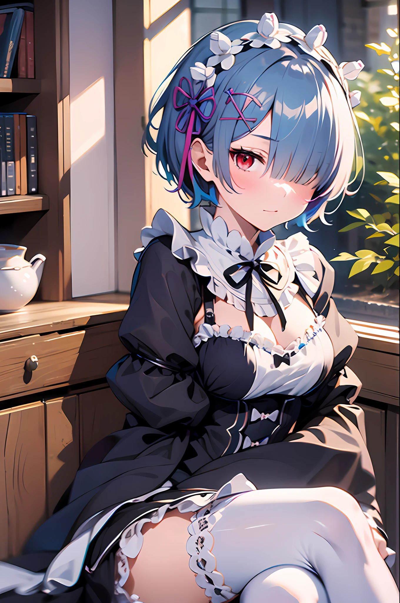 masterpiece, best quality, highres, ram1, 1girl, solo, rem \(re:zero\), blue hair, white thighhighs, short hair, red eyes, hair over one eye, ribbon trim, hair ribbon, x hair ornament, frills, maid headdress, waist apron, garter straps, black ribbon, medium breasts, cleavage, long sleeves, white apron, neck ribbon, purple ribbon, wide sleeves, hair flower, indoors, sitting, crossed legs,