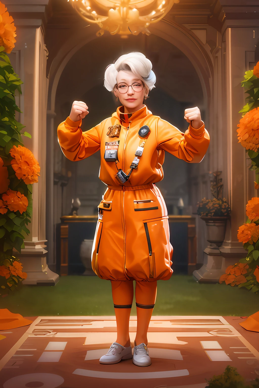 illustration de dessin animé d&#39;une femme dans une combinaison spatiale orange debout dans un jardin, Artiste senior de rendu 3D, iconic art splash de personnage, inspired by Adélaïde Victoire Hall, art splash de personnage, Illustrations des personnages officiels, Gordon Freeman en tant que femme, Vieille dame marchande cyborg, portrait de cacher la douleur Harold, inspiré par Charmion von Wiegand --auto