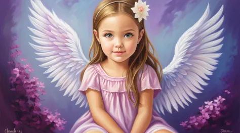 painting of a little girl with angel wings sitting on a cloud, beautiful angel, of beautiful angel, of an beautiful angel girl, ...