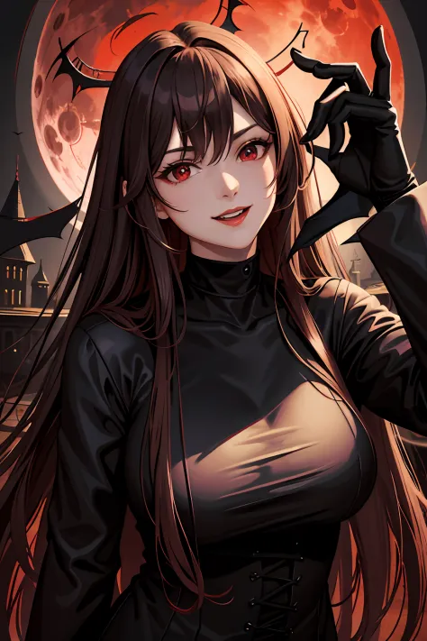 masterpiece, ultra quality, detailed, 4k quality, long hair. brown hair, red eyes, hair down, black outfit, sexy outfit, vampire...