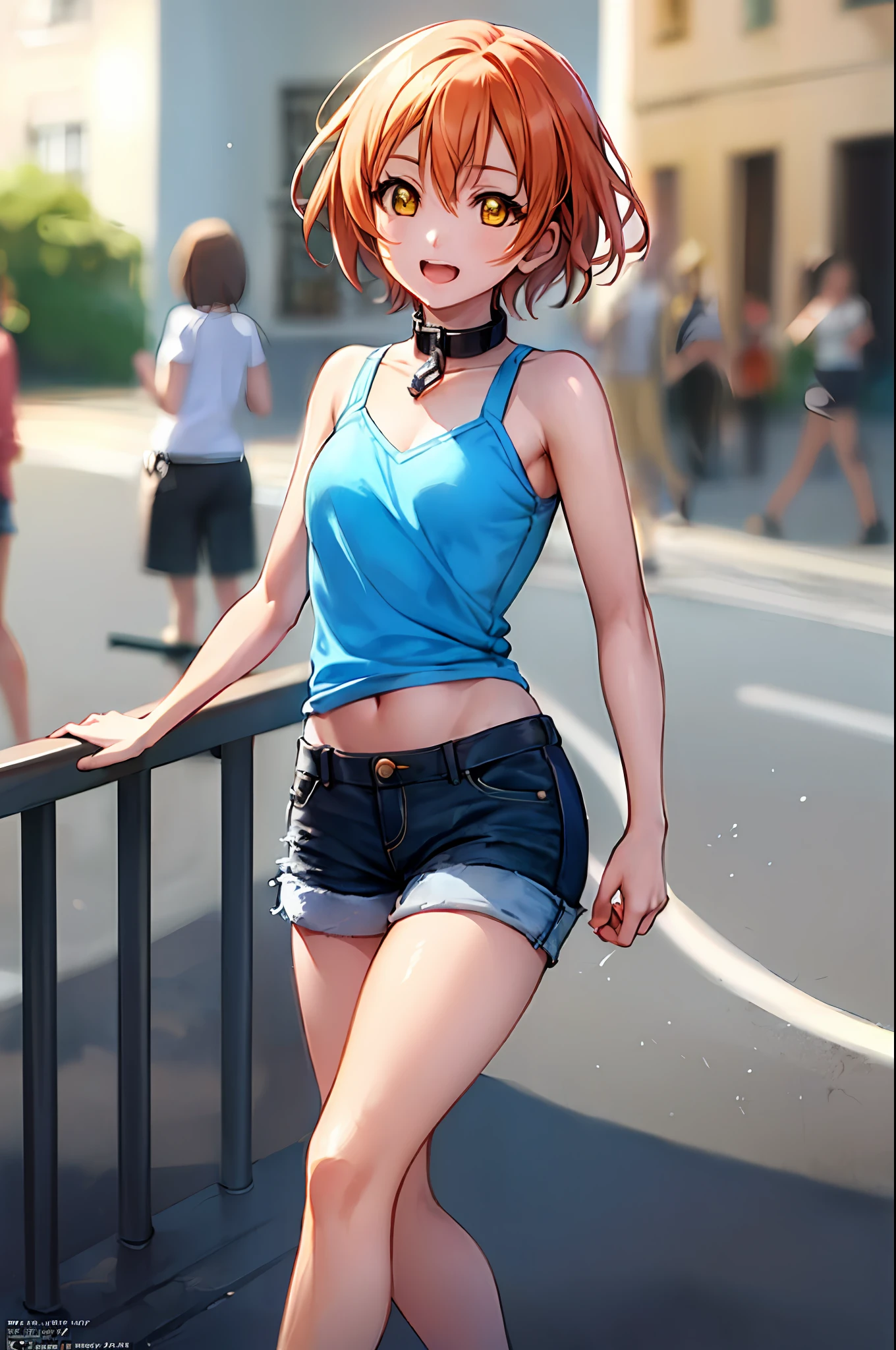 Hoshizora rin,((medium breast, tomboy girls, small head)), daylight, sunlight, (chiseled abs : 1.1), (perfect body : 1.1), (short wavy hair : 1.2) , auburn hair, collar, chain, full body shot, crowded street, wearing black tanktop, jeans jacket, ((shorts)), (extremely detailed CG 8k wallpaper), (an extremely delicate and beautiful), (masterpiece), (best quality:1.0), (ultra highres:1.0),  beautiful lighting ,perfect lightning, realistic shadows, [highres], detailed skin, ultra-detailed