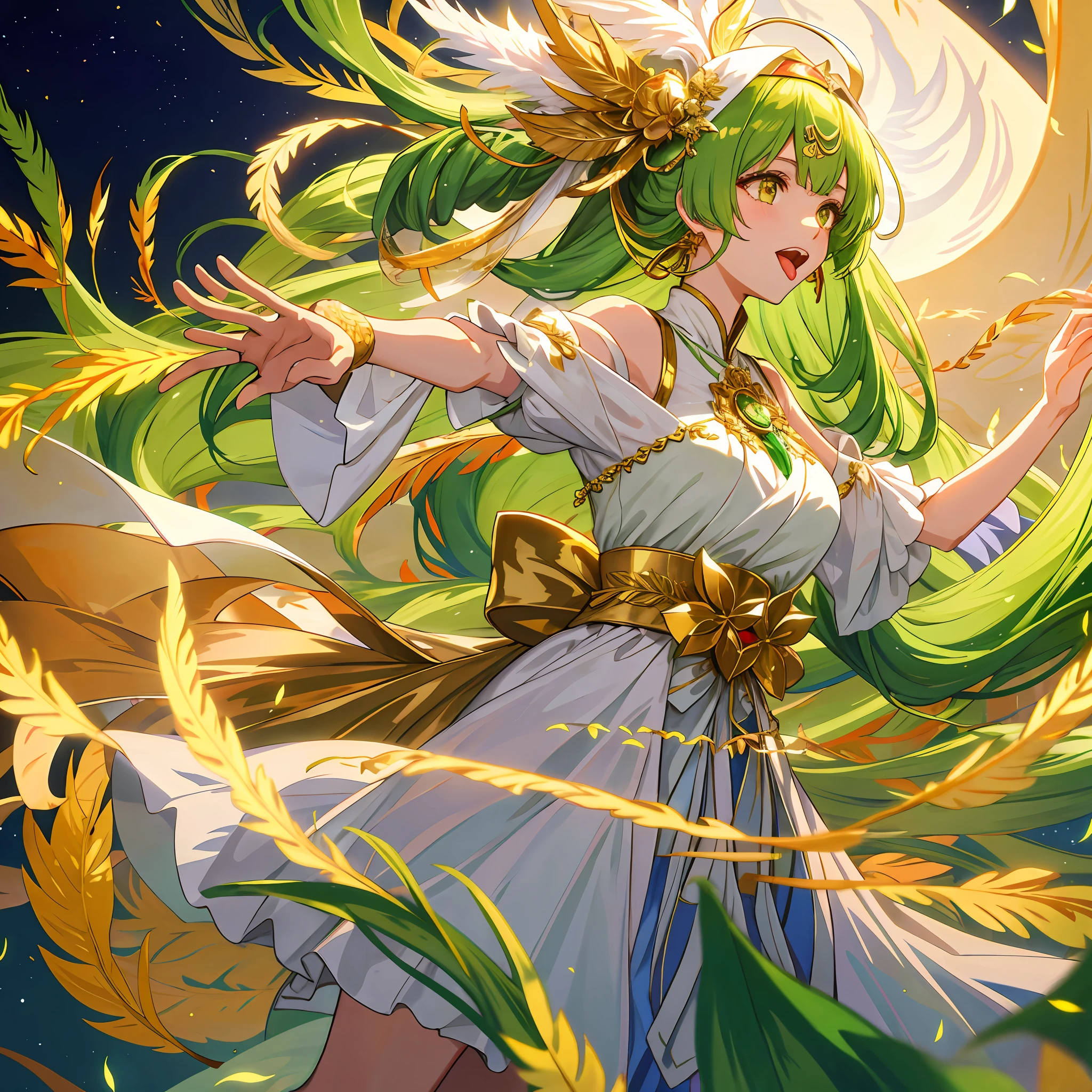 Akaname monster girl, long skinny tongue, long green bang hairstyle with tendrils and a gold leaf headband with intertwined white feathers, wearing a White Chiffon dress, masterpiece, best quality