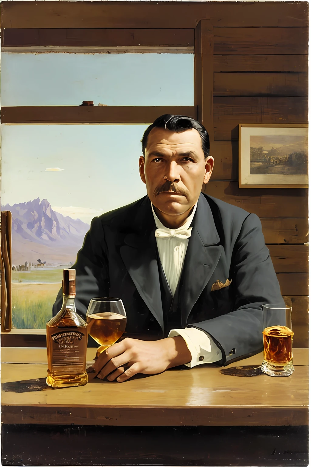 guttonerdjul23, Pintura al óleo de un viejo trabajador ferroviario del oeste bebiendo un trago de whisky en un salón, rústico del siglo 19 americano del viejo oeste, expresión contemplativa, por Frank Tenney Johnson, por Frederic Remington, por HW Hansen, por Charles Marion Russell, por William Herbert Dunton, Composición inmersiva, Paleta de colores cálidos