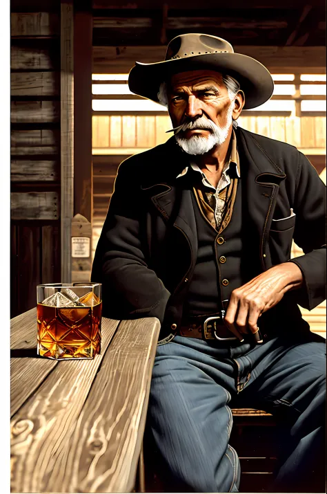 guttonerdjul23, oil painting of an old railroad worker from the west sipping a shot of whiskey in a saloon, rustic 19th century ...