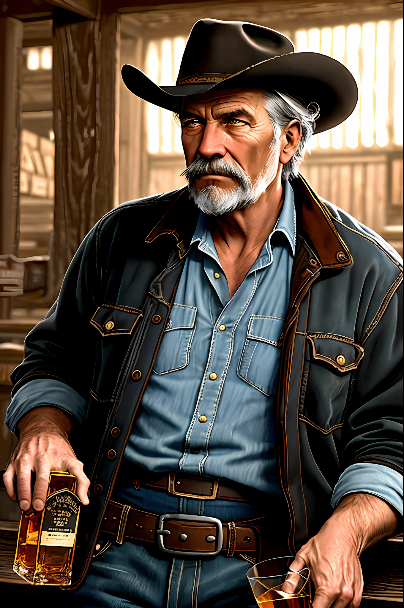 Guttonerdjul23, Oil painting of an old railroad worker from the West sipping a shot of whiskey in a saloon, rustic 19th century American Old West, contemplative expression, por Frank Tenney Johnson, por Frederic Remington, por HW Hansen, por Charles Marion Russell, por William Herbert Dunton, immersive composition, paleta de cores quentes