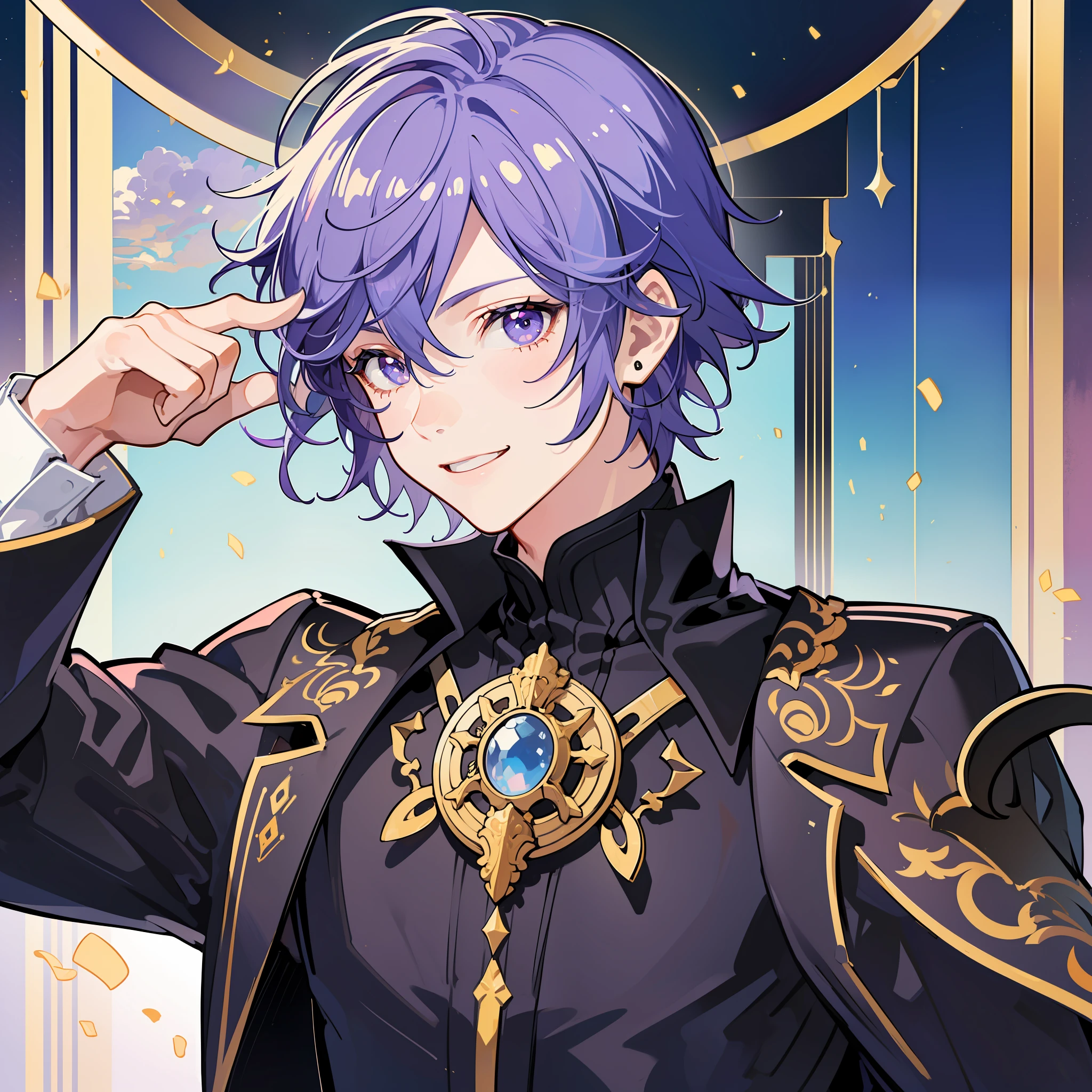 ((masterpiece)),(((best quality))), (high-quality, breathtaking),(expressive eyes, perfect face), 1boy, male, short light purple hair, beautiful purple eyes, smiling, black idol outfit, knight, wearing black pants, shine, glow, sunshine, blue sky, portrait, solo, one person, wallpaper