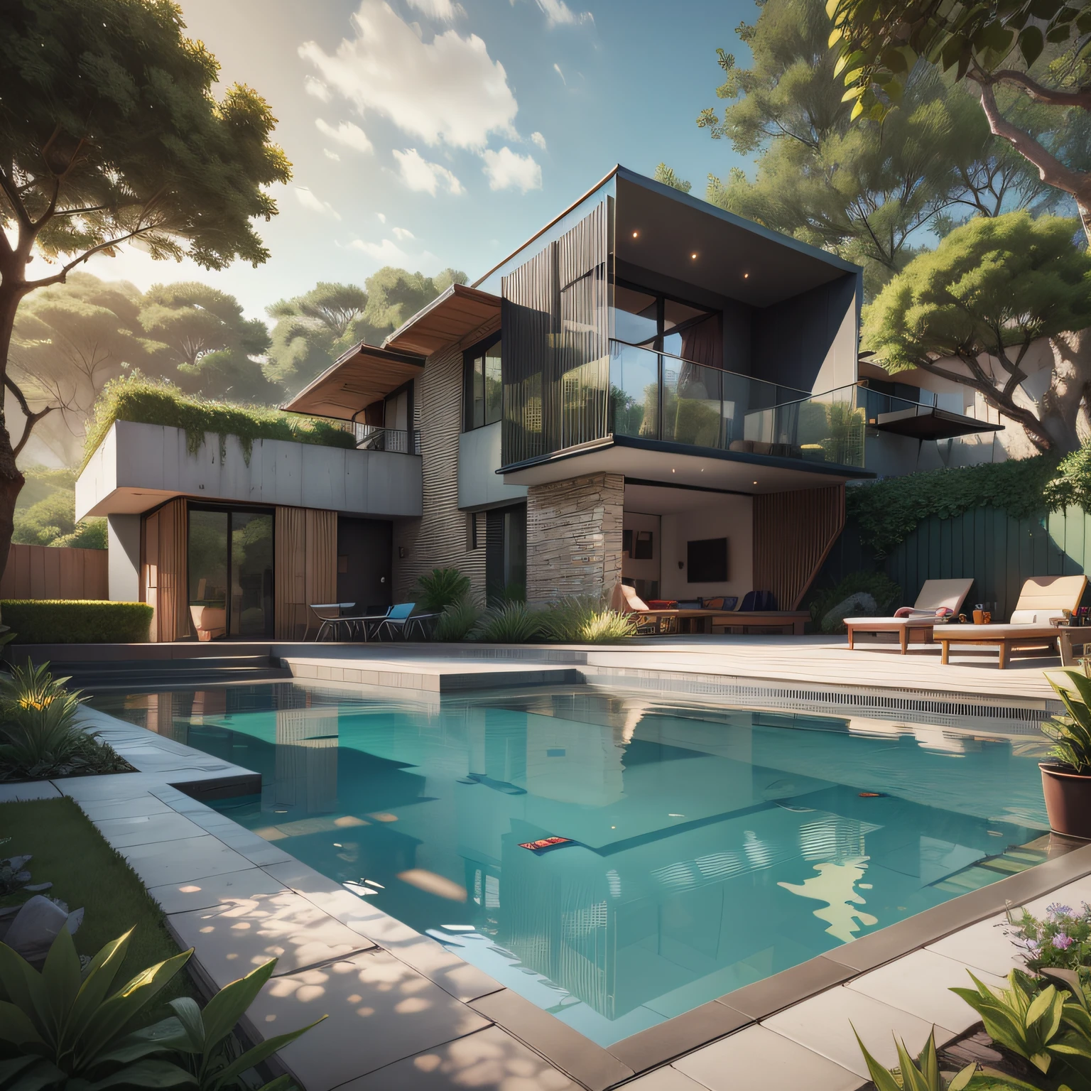 Organic modern architecture on a fairly large plot, There is a swimming pool in the middle of a large one-story house, cor da casa em vigas marrom chocolate e preto, large modern residence, telhados planos e jardim, render luxcore, render oktane, a photorealistic rendering, architectural render, mantra rendering, architectural render, realism rendering, architectural visualisation, piscina de bem-estar, architectural visualisation,  grandes zonas verdes, com pequenas zonas de flores de lavanda, arbustos verdes tipo exuberante jardim verde, swimming pool embedded in an area of sand, oliveiras e pinheiros ao redor da casa,