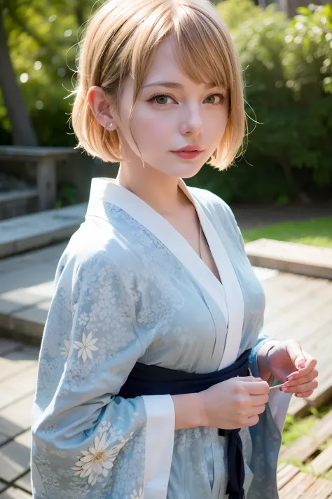 closeup photo of a girl, short hair, blond hair, wearing a kimono, onsen in the background, natural hot springs
best quality, re...