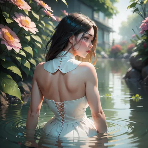 Anime girl in white dress standing in water with flowers, Artgerm e Atey Ghailan, Arte no estilo de Guweiz, Arte digital Ilya Ku...