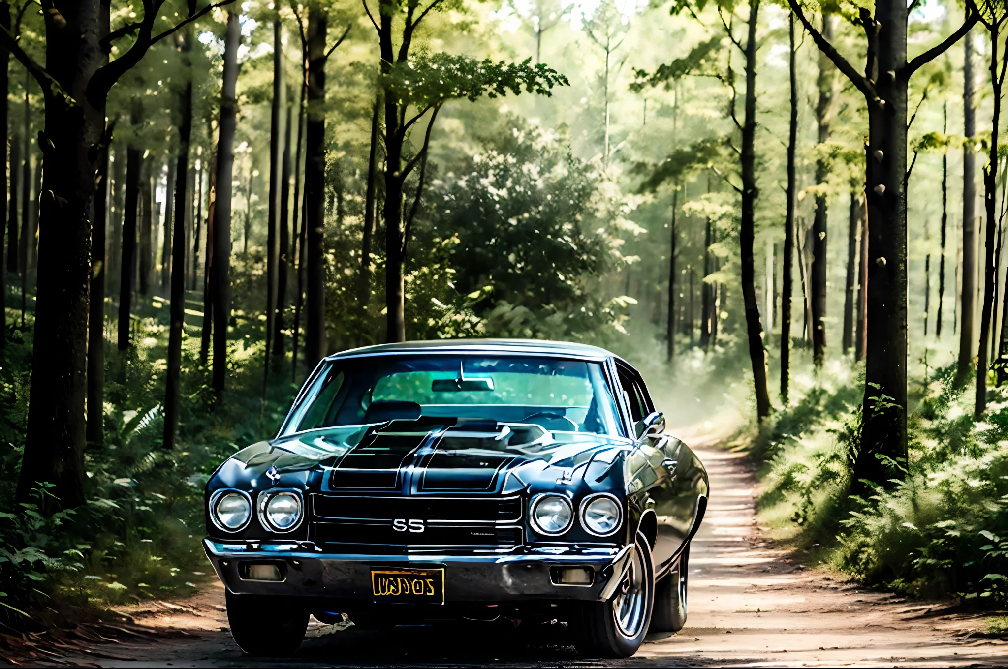 chvll black body, front view, driving through a forest, scene from the show supernatural, masterpiece, award winning, dark and eerie forest, dramatic lighting, foggy:1.0, muted colors, sharp focus, smooth, intricate details, 8k wallpaper, trending on artstation