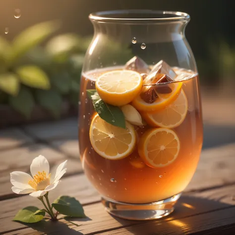 glass of kvass with ice, dripping water drops on glass, translucent liquid, ice cubes, wreath of wild flowers on picnic tableclo...