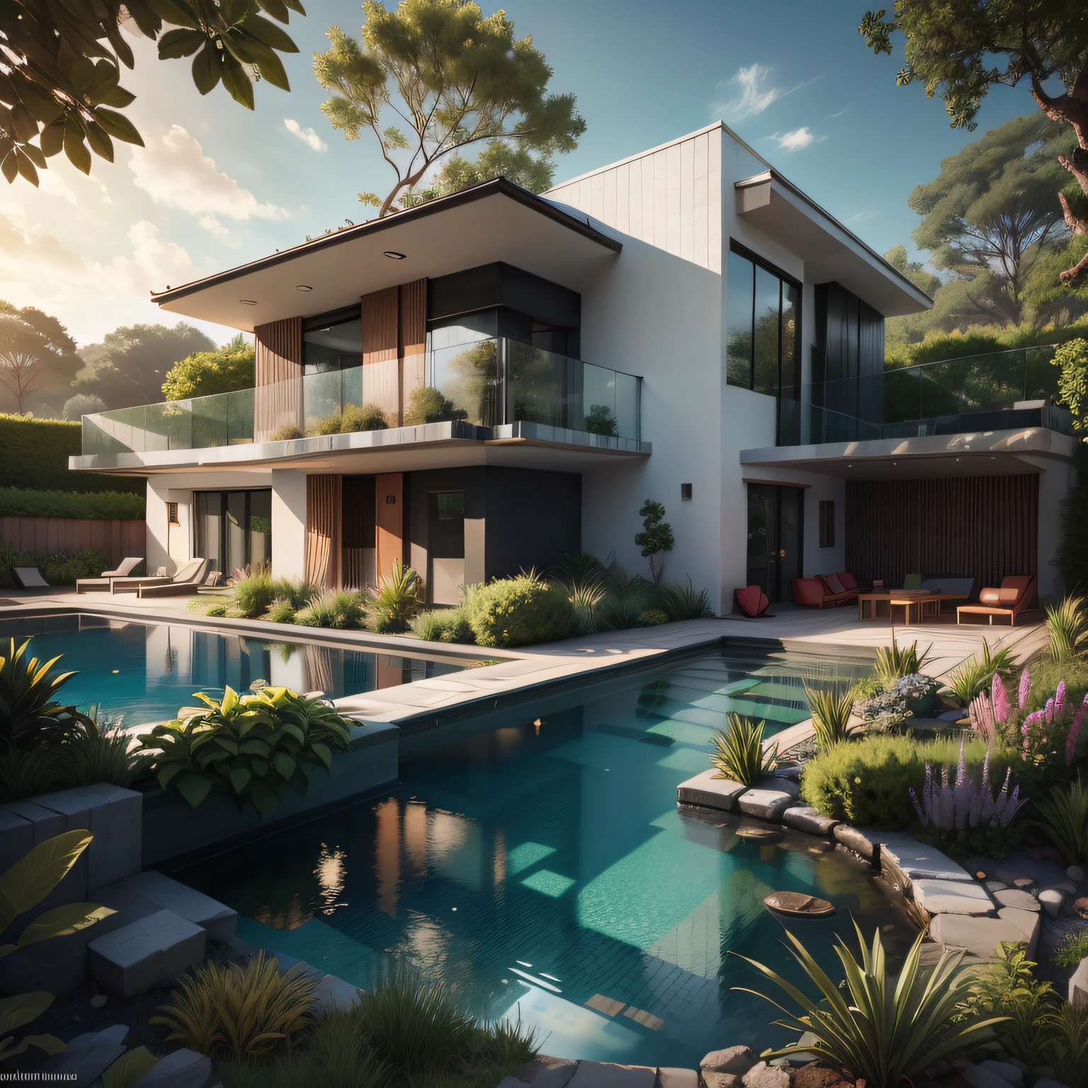 Organic modern architecture on a fairly large plot, There is a swimming pool in the middle of a large one-story house, cor da casa em vigas marrom chocolate e preto, large modern residence, telhados planos e jardim, render luxcore, render oktane, a photorealistic rendering, architectural render, mantra rendering, architectural render, realism rendering, architectural visualisation, piscina de bem-estar, architectural visualisation,  grandes zonas verdes, com pequenas zonas de flores de lavanda, arbustos verdes tipo exuberante jardim verde, swimming pool embedded in an area of sand, oliveiras e pinheiros ao redor da casa,