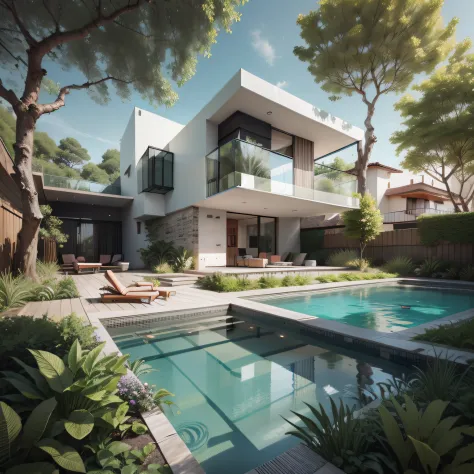 organic modern architecture on a fairly large plot, there is a swimming pool in the middle of a large one-story house, cor da ca...