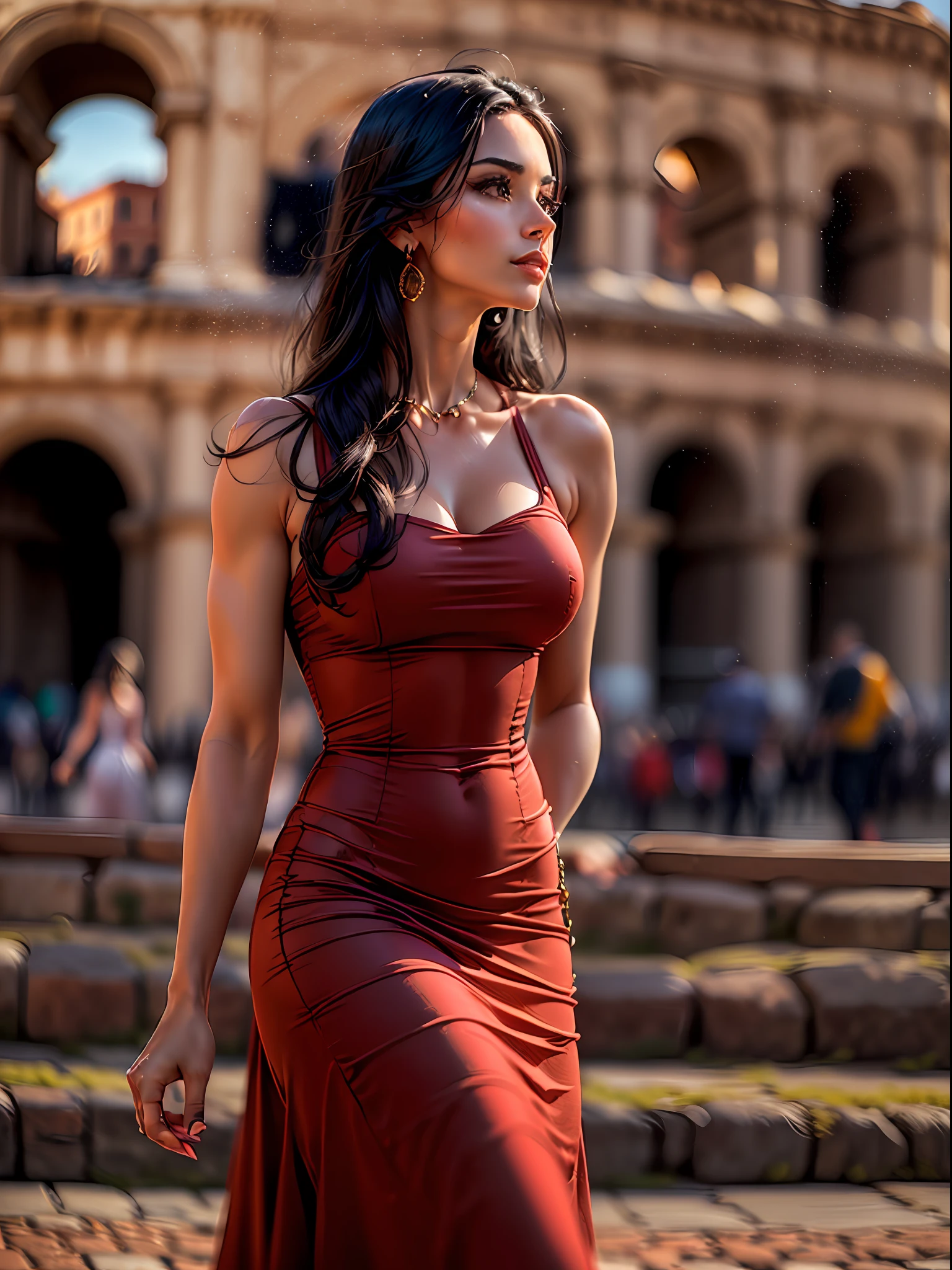 (Obra de arte, alta resolução, fotorrealista:1.4), (capturando uma mulher deslumbrante com longos cabelos negros, usando um vestido vermelho justo que acentua seu físico atraente:1.3), (o vestido elegante abraçando suas curvas e exibindo sua figura atraente:1.2), (seu comportamento confiante e equilibrado enquanto passeia perto do icônico Coliseu, em Roma:1.3), (Câmera sem espelho Canon EOS R5:1.2), (emparelhado com uma Canon RF 85mm f/1.Lente 2L USM:1.2), (capturando cada detalhe de sua presença cativante e do belo cenário:1.2), (o Coliseu elevando-se ao fundo, um símbolo de história antiga e grandeza:1.2), (o vermelho vibrante de seu vestido contrastando com a antiga arquitetura de pedra:1.2), (um dia quente e ensolarado, com luz solar suave realçando a cena:1.1), (uma foto encantadora de uma mulher exalando elegância e fascínio, explorando a beleza histórica de Roma:1.2).