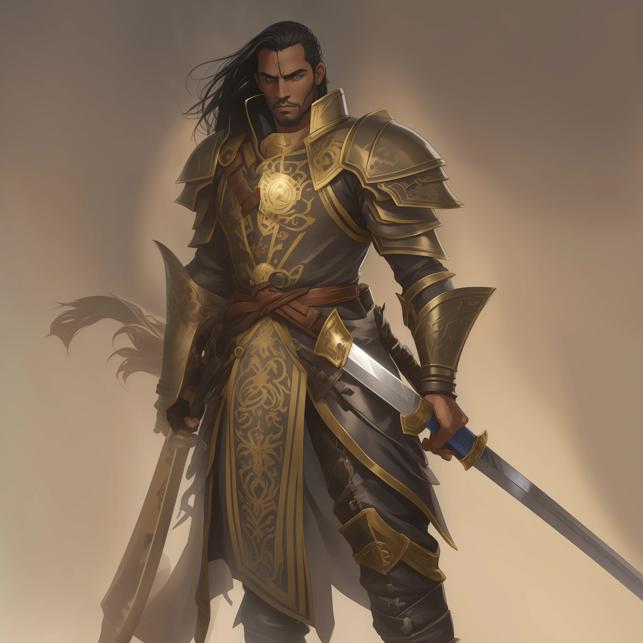 Personagem, um homem em um vestindo uma armadura completa de guerra reluzente, segurando uma espada longa de duas mãos , um paladino masculino humano, imagem de paladino Fuso Rei, Paladino masculino, cavaleiro paladino de ouro