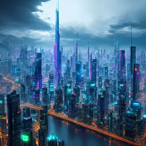 Uma cidade cyberpunk futurista, with gigantic skyscrapers glittering in neon, flying cars passing through the towers and luminous reflections dancing in the puddles of rainwater.
