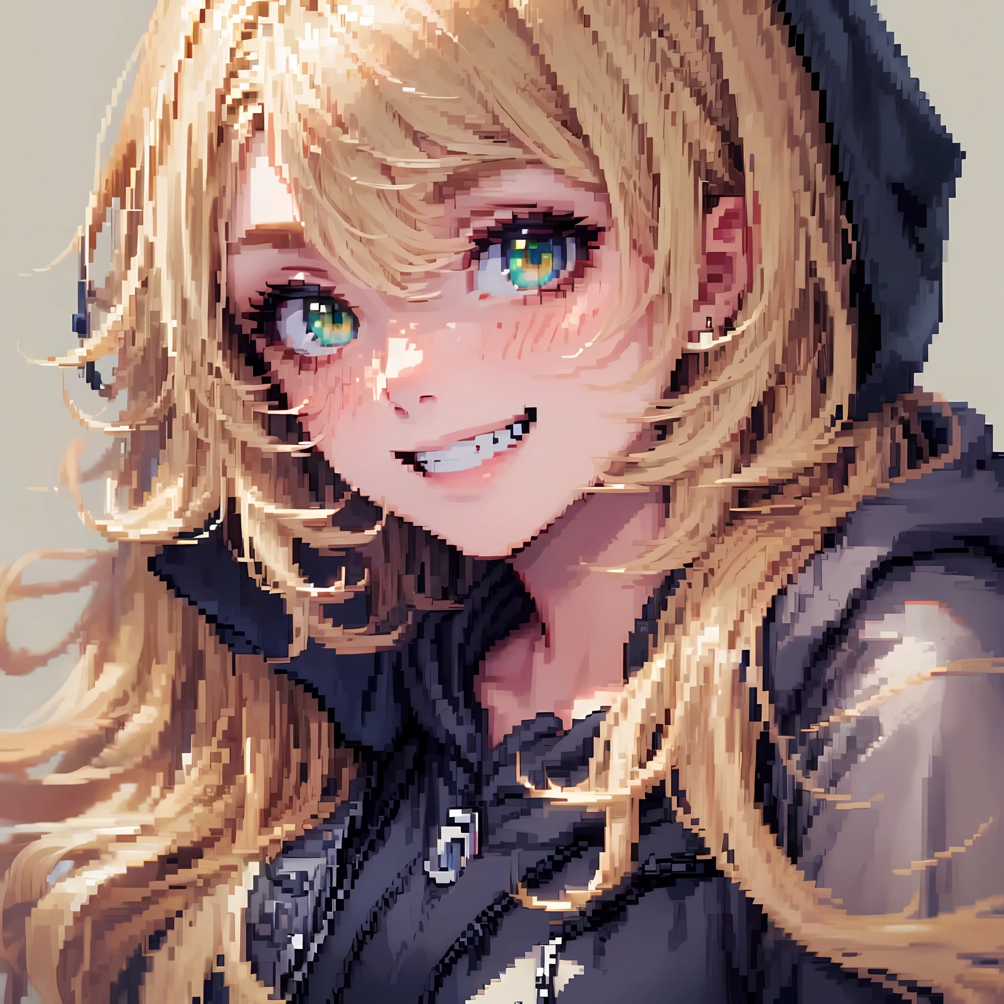 Pixai, pixel art, pixel, 16 bits, 1girl, close-up, face only, beige hair, blonde hair, green eyes, grin, loose hoodie, black hoodie, hood, big hair, wavy hair, very long hair, pixel official art, absurd res, looking at viewer, solo focus, simple background, gray background