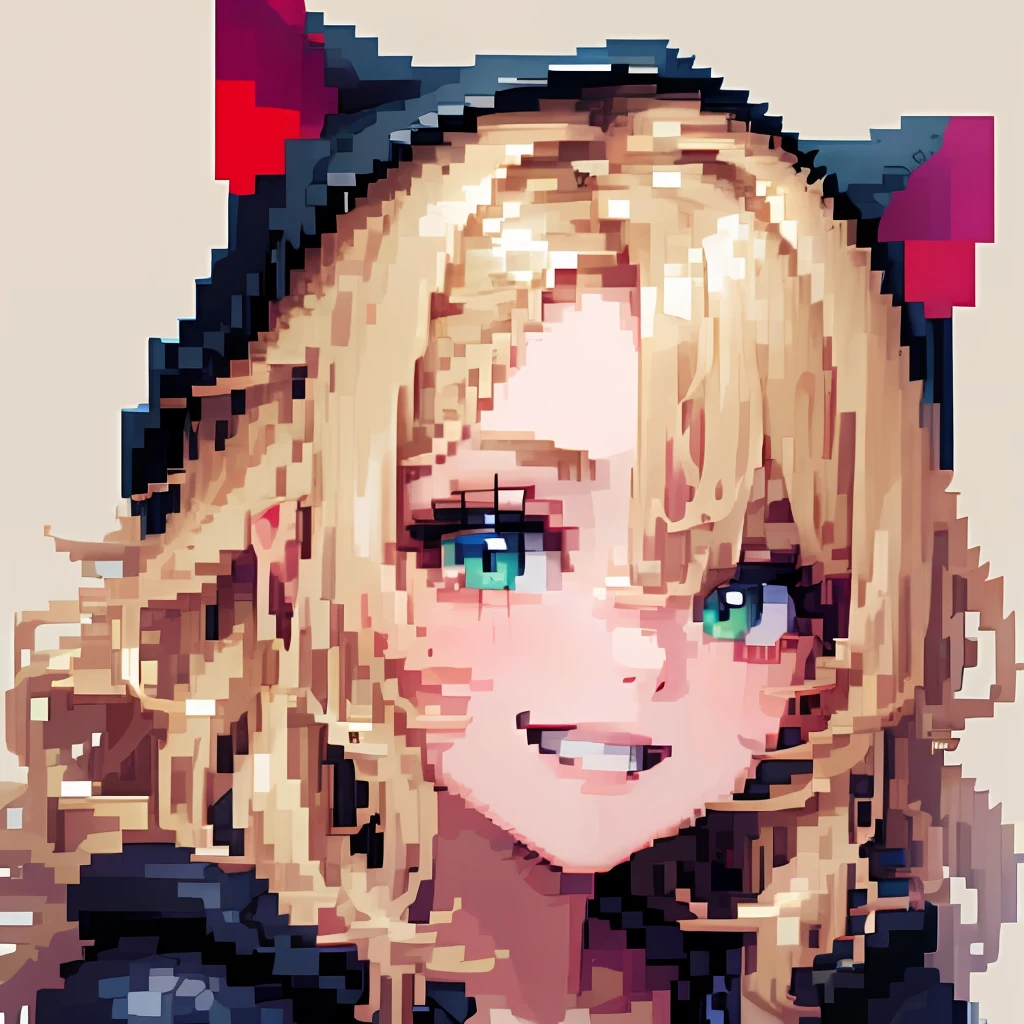 ((in the style of pixels art)), pixels, 8 bits, 1fille, fermer, visage seulement, cheveux beiges, cheveux blond, yeux verts, sourire, loose capotie, black capotie, capot, Beaucoup de cheveux, cheveux ondulés, Cheveux très longs, pixels official art, résolution absurde, regarder le spectateur, se concentrer uniquement, fond simple, Fond gris