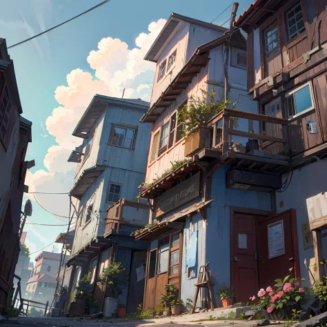very cozy little place, hyper realism, (anime Makoto Shinkai:0.4), old shabby house in city street, home wiring, outdoors, sky, cloud, day, scenery, tree, blue sky, building, sign, wires, railing, wide shot, utility pole, town, wilderness, flowers, a lot o...