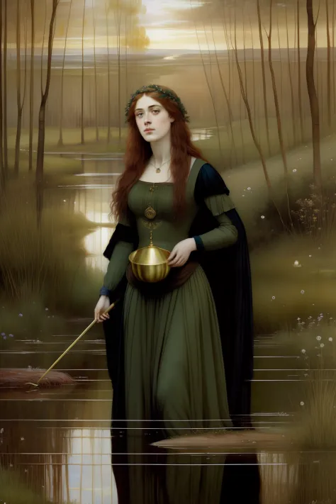 (((Pre-Raphaelite painting))), Willow in a swamp, Celtic witch holds a golden chalice and a magic wand, feiticeira, sorcery, CAULDRON, Magia Celta, lua crescente, paisagem celta, salgueiro"