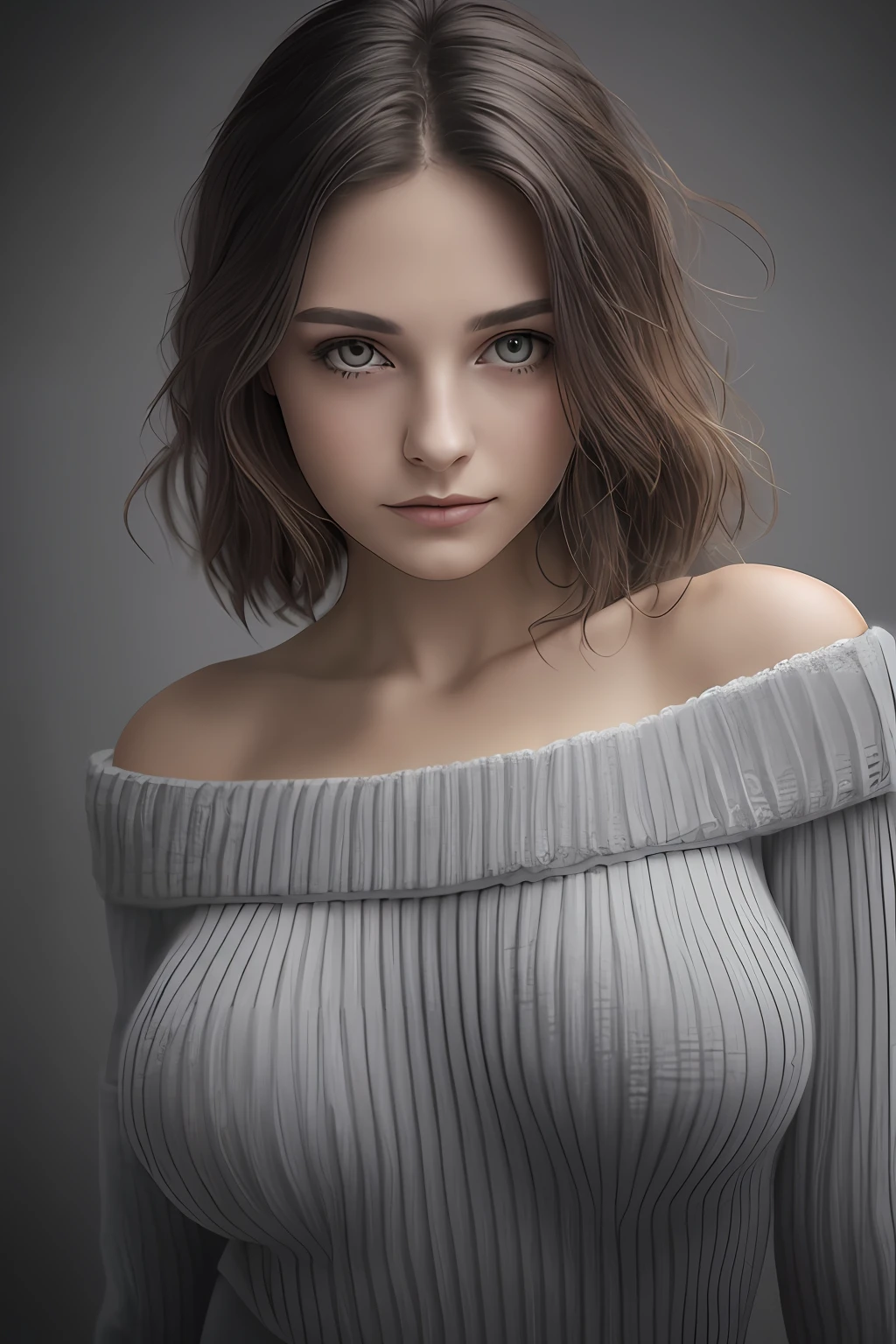 Hypersmoke, dark background,, big ,(masterpiece), best quality, extremely detailed, (realistic), ((high detailed skin and eyes)), bloom, delicate and beautiful, studio photo, (from below),(1girl:1.4), (solo:1.2), fit body, large breasts, (ribbed sweater:1.3), off-shoulder sweater, (short shorts:1.2), bare shoulders, (underboob:1.2), ((dark skin:0.8)), beautiful eyes, (disheveled hair ), photography, over-the-shoulder shot, professional, canon camera, nikon camera, sharp, bokeh, studio quality, fisheye lens