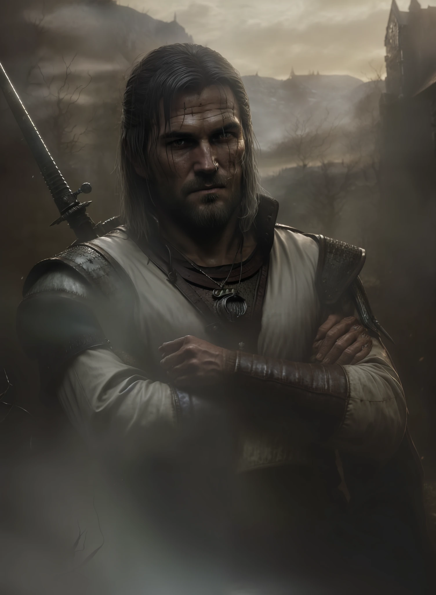 An actor Clive Standen as the Witcher, with a sword and a white shirt, he has a red scar on his face, the witcher concept art, epic portrait of menacing, character portrait art, painted character portrait, detailed character portrait, character art portrait, fantasy genre portrait, fantasy character portrait, character - portrait, epic character portrait, rpg portrait concept art,  The witcher 3, realistically, dynamic lights, old, full footage, (extremely detailed 8k wallpaper of CG unit), trend in ArtStation, trend in CGSociety, high detail, sharp focus, dramatic, photorealistic