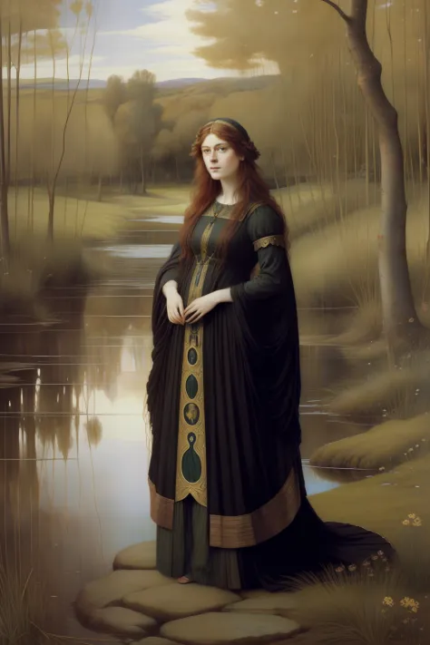 (((Pre-Raphaelite painting))), Willow in a swamp, bruxa celta, feiticeira velha, sorcery, CAULDRON, Magia Celta, lua crescente, paisagem celta, Salgueiro chorando, Golden Goblet, mulher velha, Granny, bruxa"