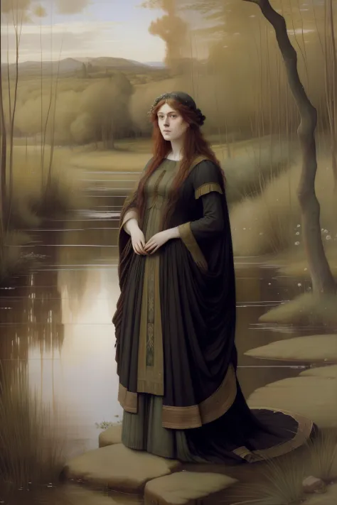 (((Pre-Raphaelite painting))), Willow in a swamp, bruxa celta, feiticeira velha, sorcery, CAULDRON, Magia Celta, lua crescente, paisagem celta, Salgueiro chorando, ramos de salgueiro caindo"
