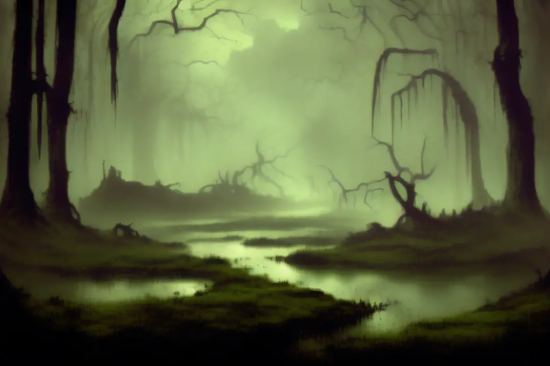 UNDEAD WEARING A BLACK  TUNIC WALKING IN A SWAMP DARK FANTASY RPG, RED EYES