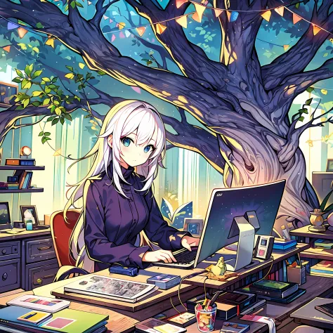 colorful,  illustration,2d illustration, abstract,1 girl，white hair, tree,desk,computer,clear backgroud