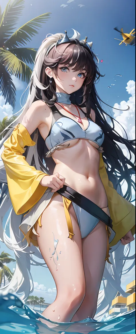 The art of cornflower, dreamy, (a beautiful, teenage, anime-style girl with blue eyes and long black hair, wearing a yellowish, shiny, long-sleeved, open-chested, long-skirted swimsuit, pink, white and yellow, heart posing on it, hands on the hips, in fron...