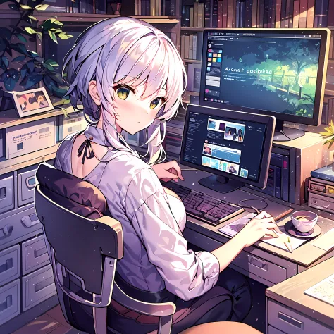 colorful,  illustration,2d illustration, abstract,1 girl，white hair, tree,desk,computer,clear backgroud