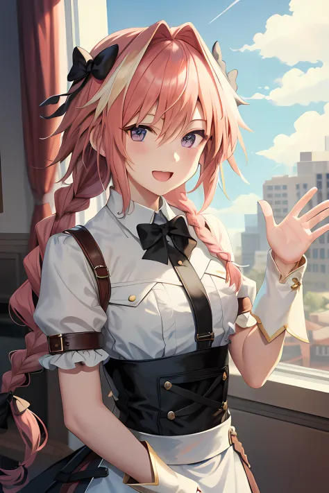 masterpiece, best quality, cloud strife, crossdressing, twin braids, male focus, frilled dress, hair bow, smile, looking at viewer, upper body, hotel room