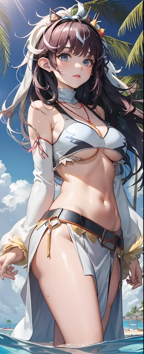 art by Cornflower，dream magical，（an beautiful，Teens，anime-style girl，Blue eyes and long black hair，Dressed in pale yellow，Shiny，longer sleeves，Bare chest，Long skirt swimsuit，Pink big breasts，white and yellow，The heart poses on it，both hands on hip，In front...