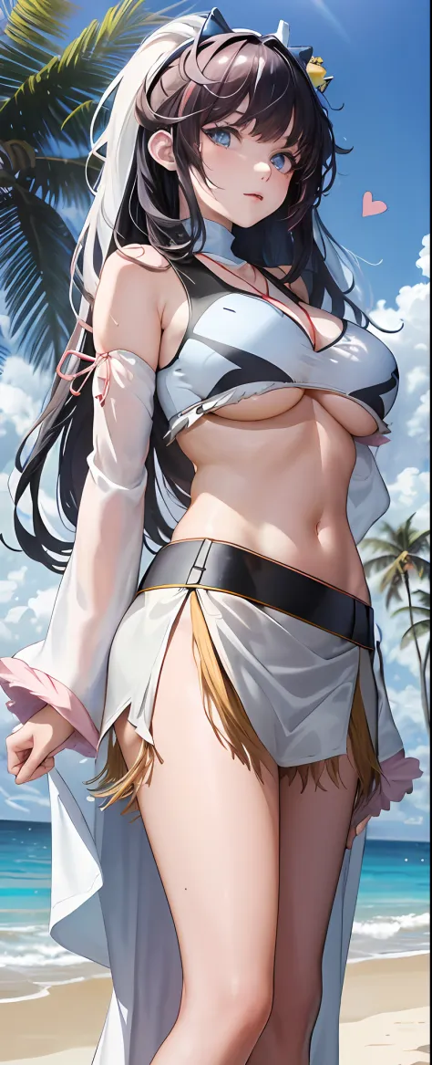 art by Cornflower，dream magical，（an beautiful，Teens，anime-style girl，Blue eyes and long black hair，Dressed in pale yellow，Shiny，longer sleeves，Bare chest，Long skirt swimsuit，Pink big breasts，white and yellow，The heart poses on it，both hands on hip，In front...