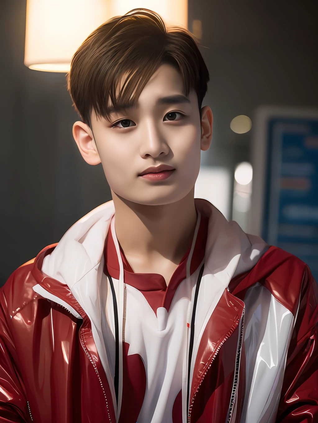 A male high school student，Wear a PVC color school uniform