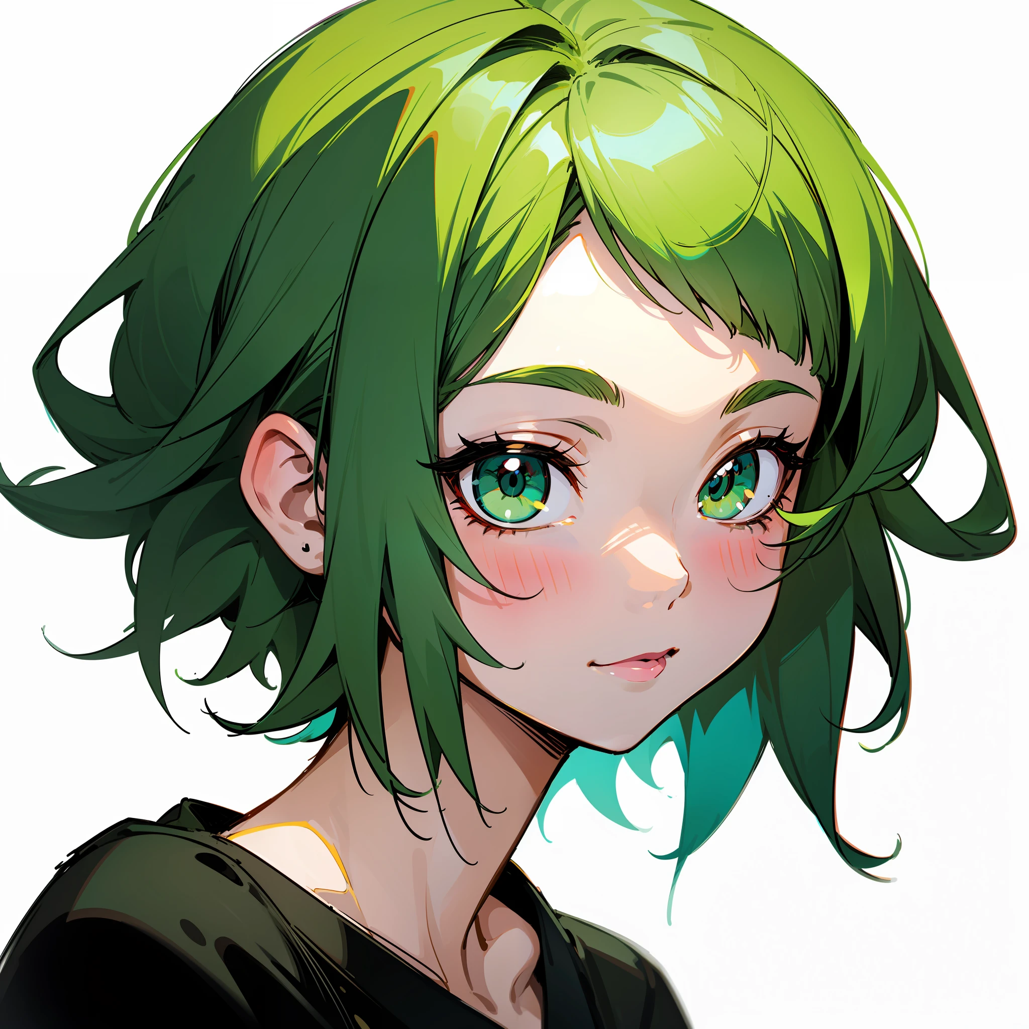 Close-up of a cartoon girl with short green hair and black dress, She ...