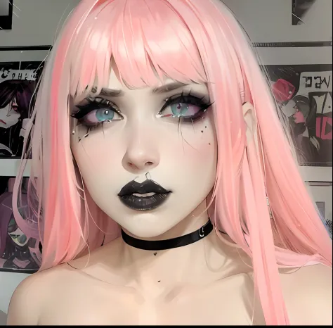 mulher com cabelo rosa e maquiagem preta posando para uma foto, goth makeup, maquiagem emo, wearing goth makeup, bubble gothic m...